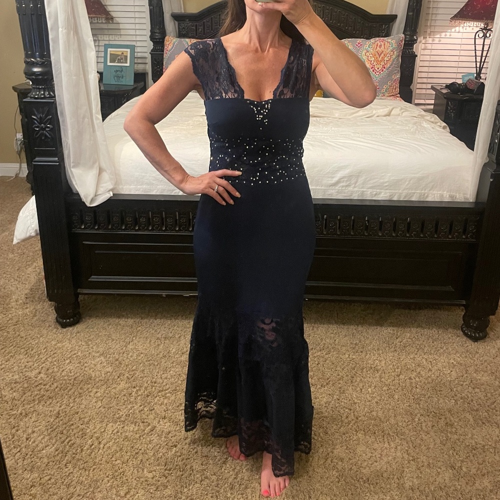 Navy formal gown with rhinestones and lace
